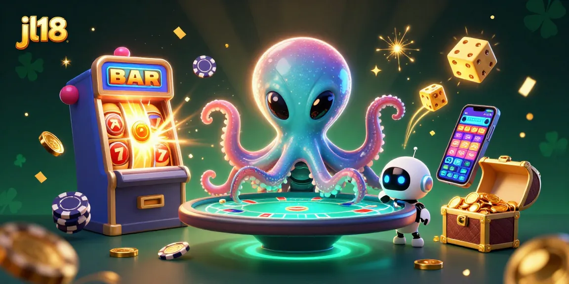 Experience thrilling gameplay at jl18 with a dynamic scene featuring an octopus managing a poker table.