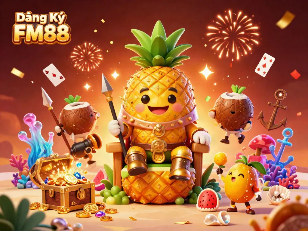 Experience the excitement of Đăng Ký FM88 with a vibrant scene showcasing the pineapple king and colorful elements.