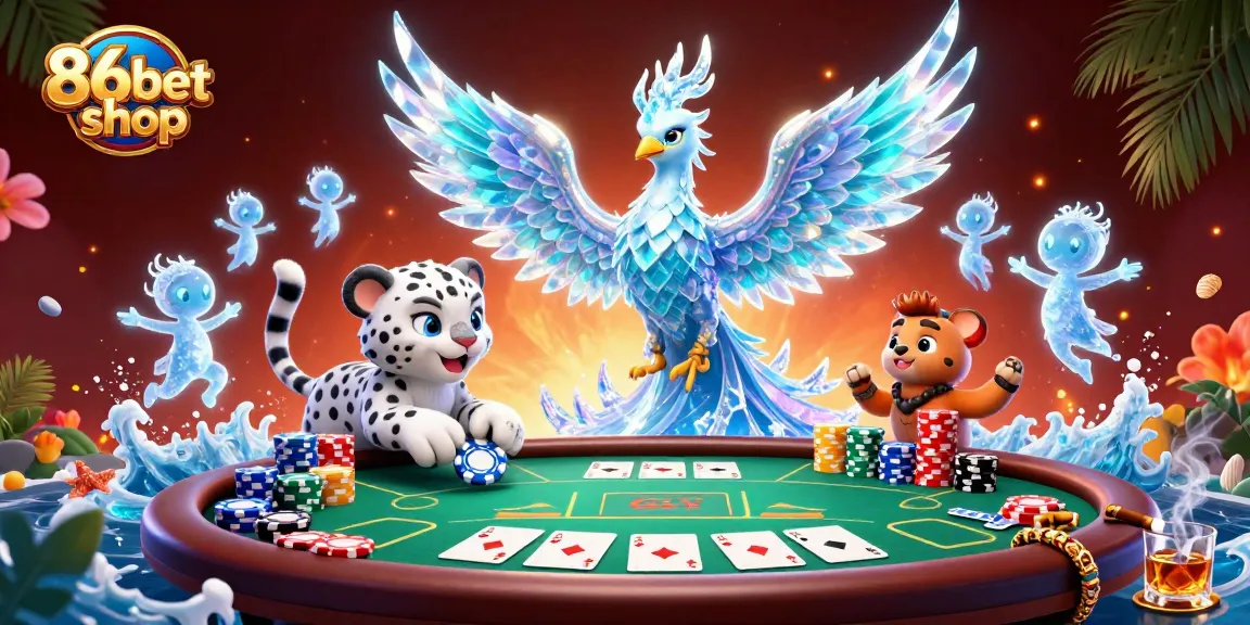 Engage with 86bet shop's thrilling ice phoenix scene, featuring card games and colorful chips.