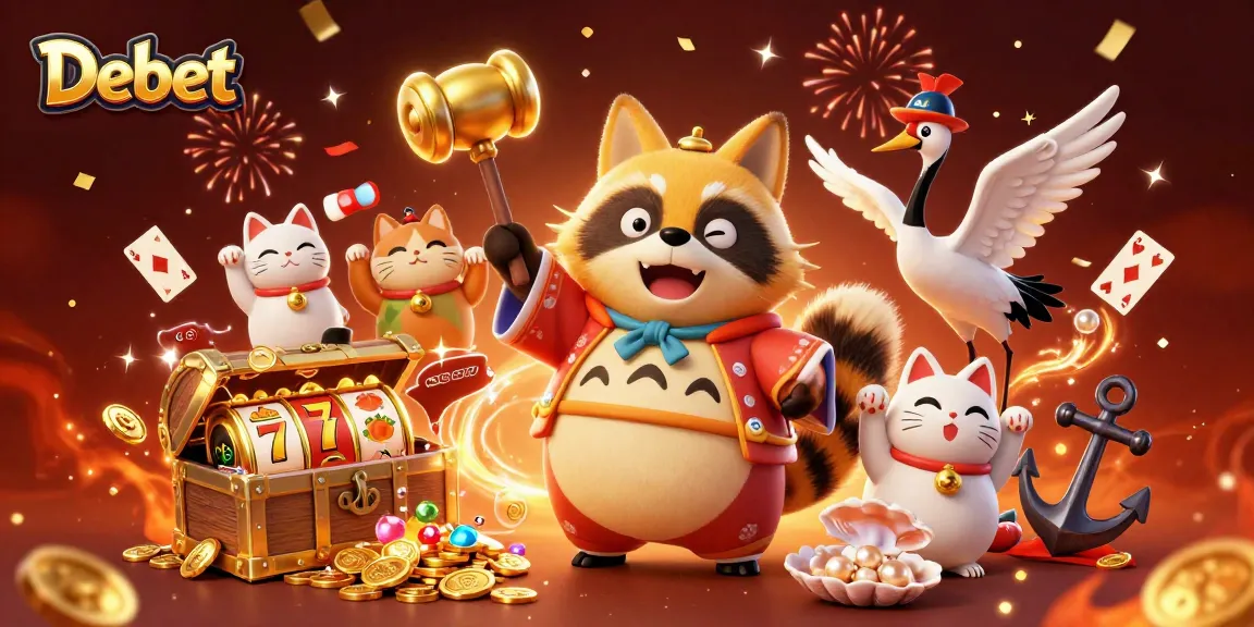 Engage with Debet in an energetic casino atmosphere featuring vibrant characters and colorful game elements.
