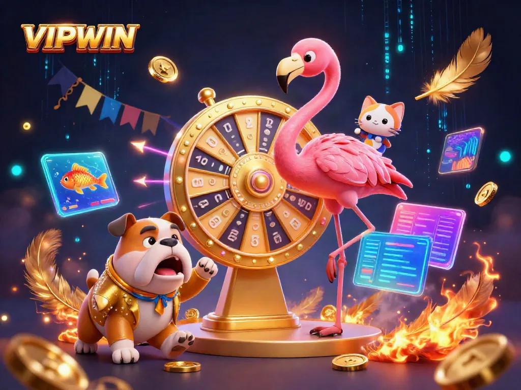 VIPWIN captures the excitement of online gaming with a vibrant 3D illustration of a game show scene.