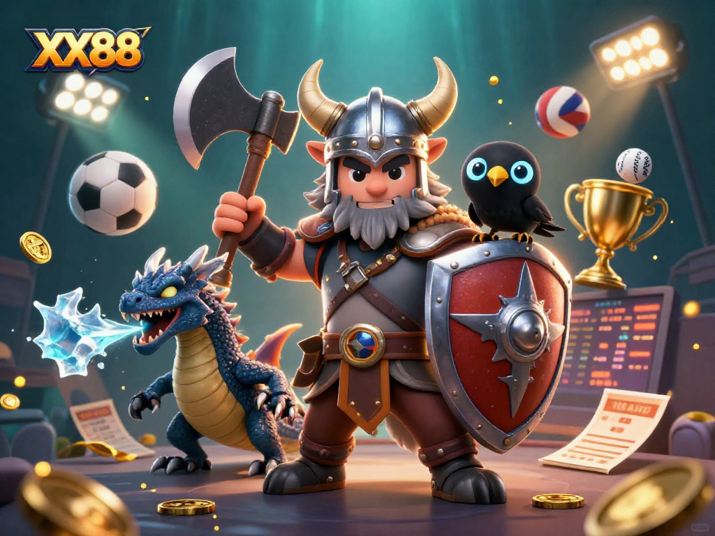 Join the adventure at XX88 with vibrant Viking and dragon amidst thrilling sports betting elements.
