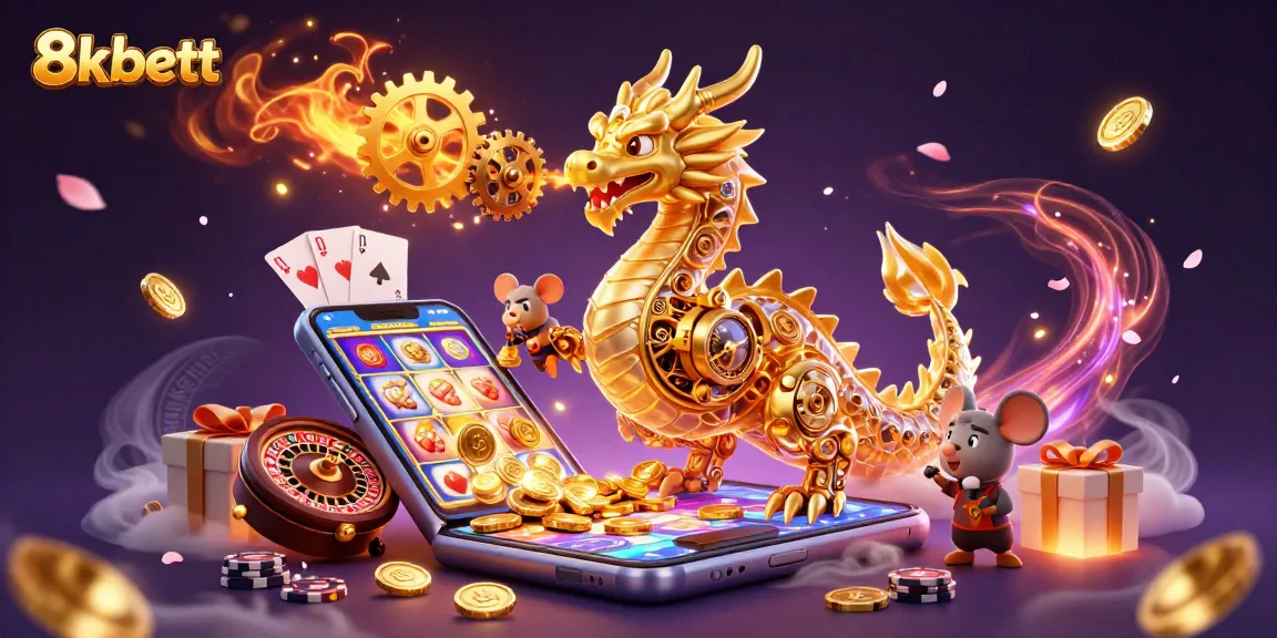 Experience thrilling action at 8xbett with a golden dragon amidst casino games and vibrant visuals.