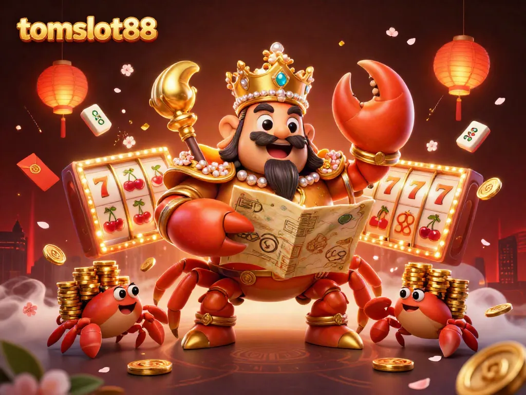 Win big with tomslot88 in this vibrant 3D casino illustration featuring an emperor crab and golden slots.