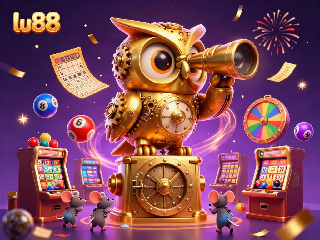 Experience excitement at lu88 with a vibrant 3D illustration of a clockwork owl watching over slot machines and lottery games.