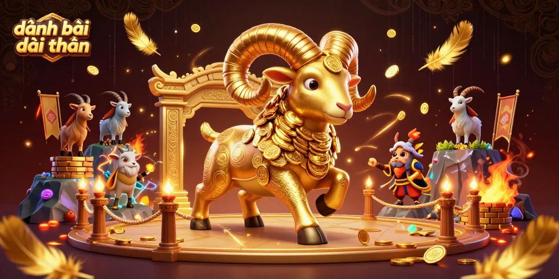Engage in đánh bài đổi thưởng with dynamic golden ram at an ancient Asian temple and festive atmosphere.
