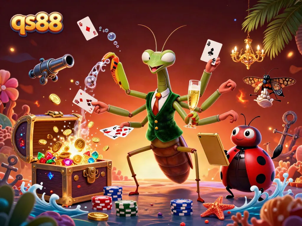 Experience the thrill of qs88 as a giant mantis deals cards and pours champagne in a vibrant casino scene.