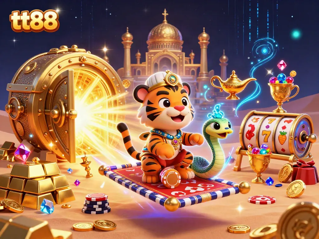Experience tt88's vibrant casino world with a tiger sultan on a poker chip carpet.