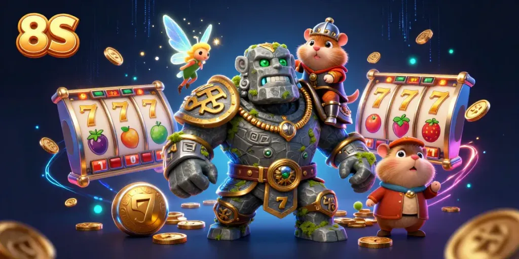 Experience the thrill of 8S with a dynamic scene featuring a golem, fairy, and hamster knight amidst spinning slot reels.