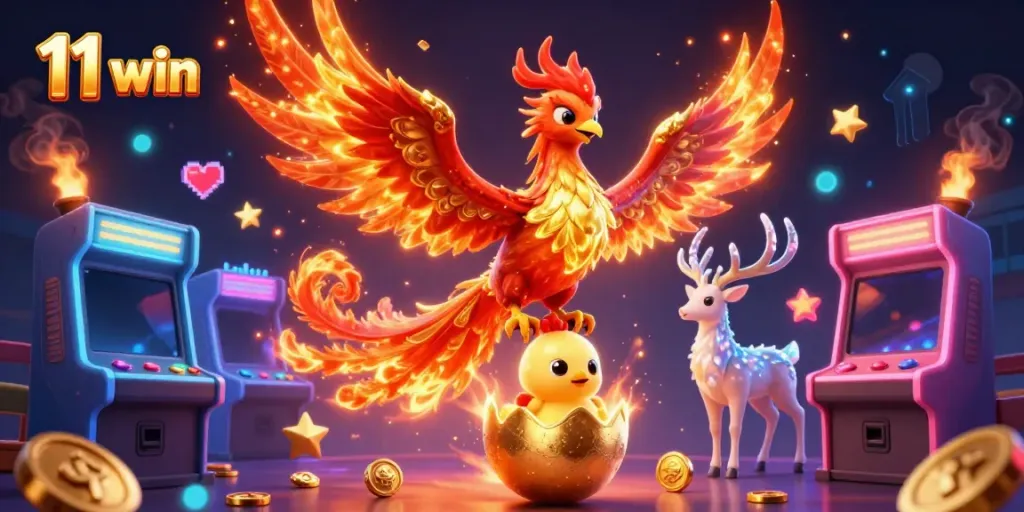 Experience thrilling gameplay at 11 win with a vivid scene featuring mythical phoenix characters and arcade elements.