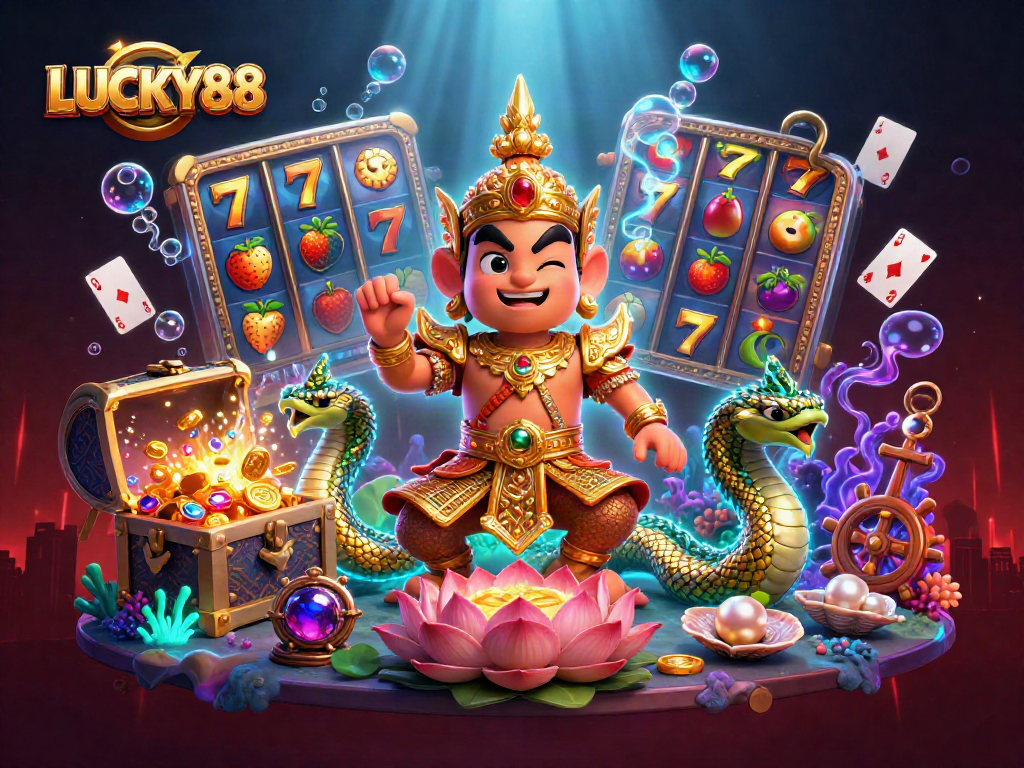 Spin to win with LUCKY88! Enjoy vibrant gameplay in an intricate casino-themed scene.