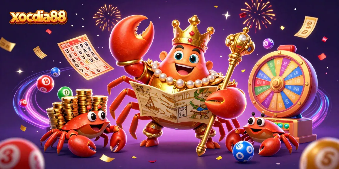 Xocdia88 brings excitement with a golden crab emperor and colorful lottery elements in a vibrant casino scene.