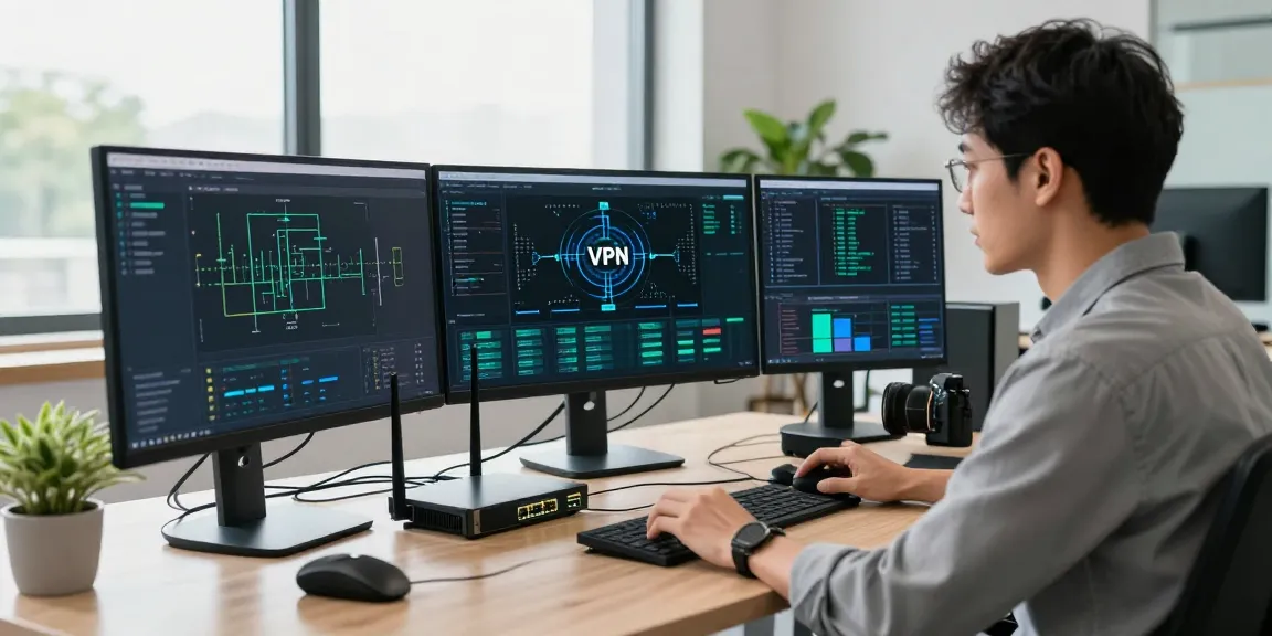 快连网络连接解决方案专家在现代办公室中配置VPN，展现专业的网络性能监控。
