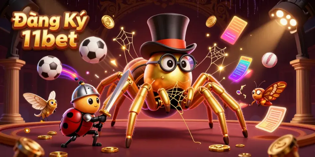 Engage with Đăng Ký 11bet in an illustrated casino scene showcasing gaming excitement and action.
