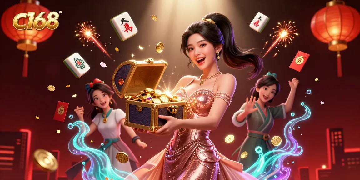 Experience excitement with c168 as a joyful Asian woman presents treasures from a vibrant casino.