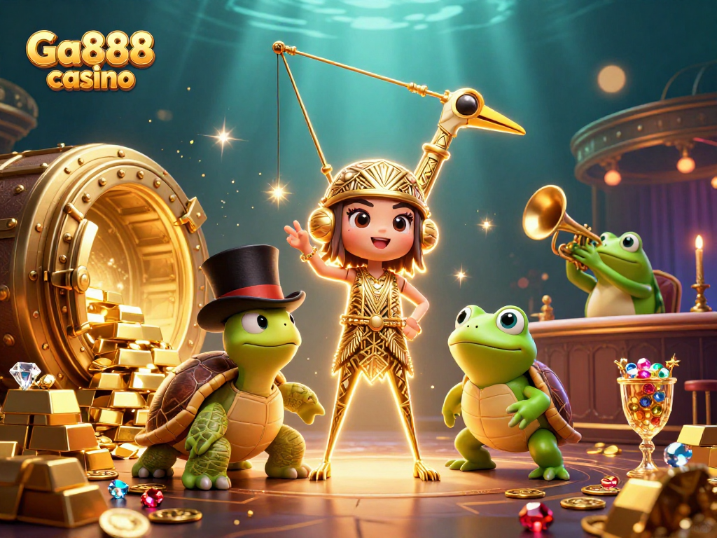 Experience the excitement of Ga888 casino with vibrant 3D illustrations of a flapper crane and gambling elements