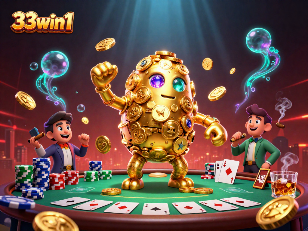 Experience the excitement of 33win1 online gaming with dynamic golden golem and poker elements.