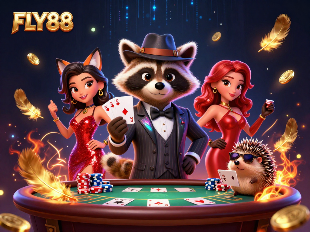 FLY88 enhances your gameplay experience with thrilling poker action and vibrant character interactions in a dynamic casino scene.