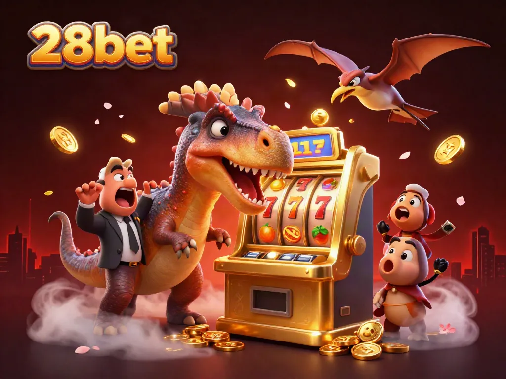 28bet's cartoon dinosaurs celebrate a jackpot win at the casino amidst flying coins and colorful slot elements