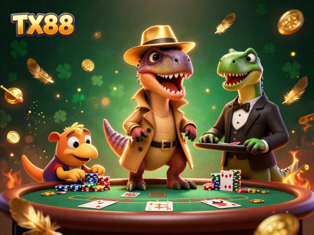TX88 velociraptor card counter at a blackjack table, surrounded by vibrant casino elements.