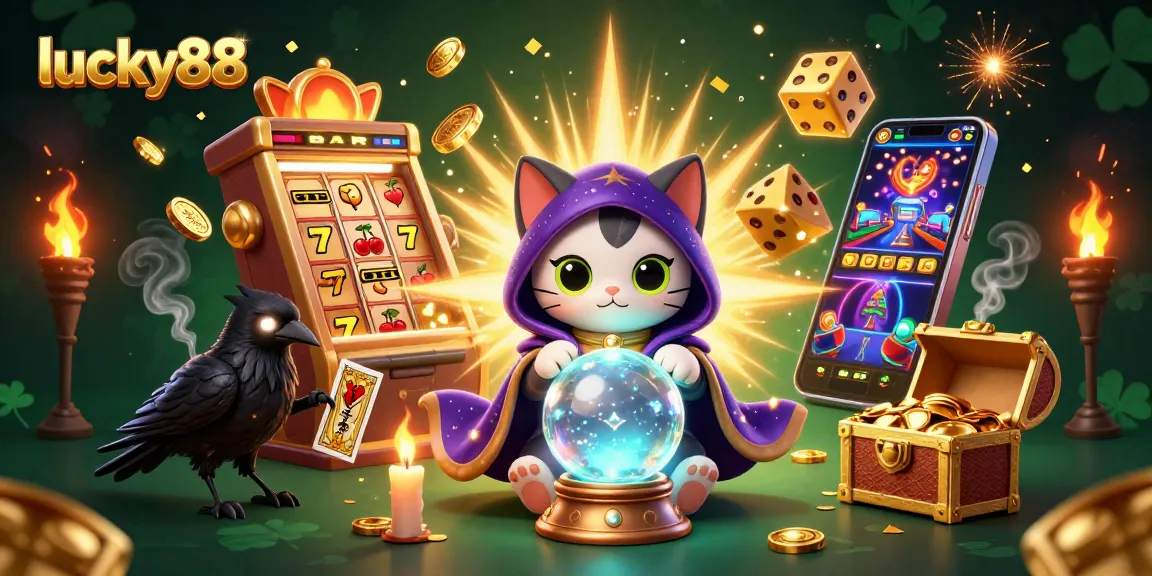 Enjoy the thrilling wins with lucky88 in this packed casino scene featuring vibrant slot machines and mystical elements.