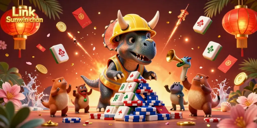 Experience exciting gameplay with Link Sunwin chuẩn through a vibrant and festive casino-themed illustration.