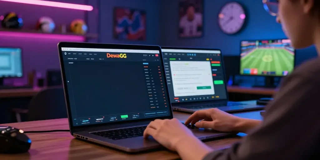 DewaGG user engaged in live betting on a sleek laptop in a sports-themed environment.