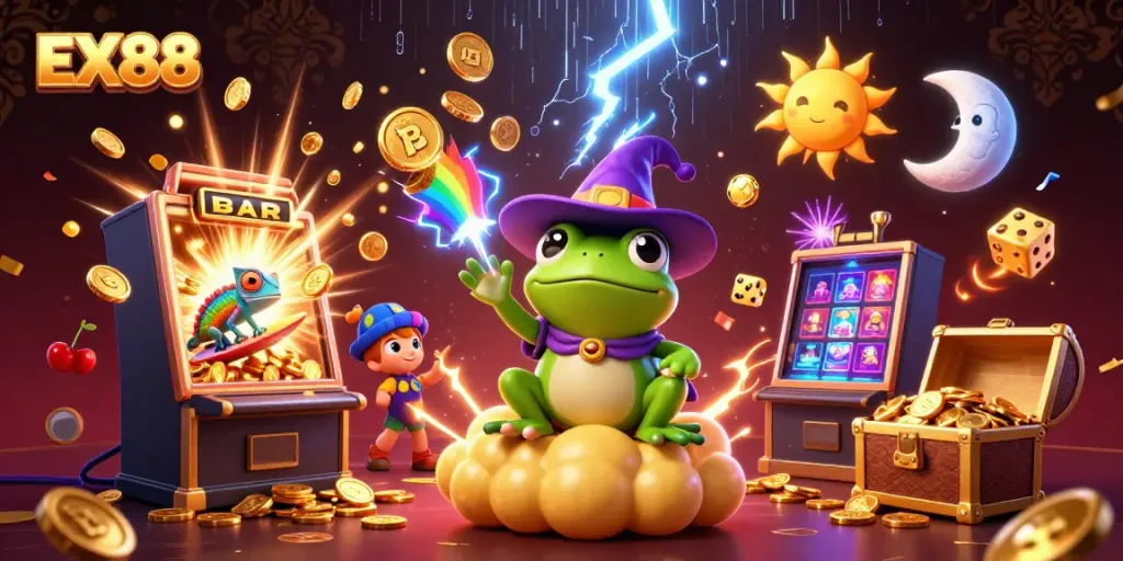 Experience winning moments with EX88 in a vibrant 3D casino-themed illustration featuring dynamic characters and slots.
