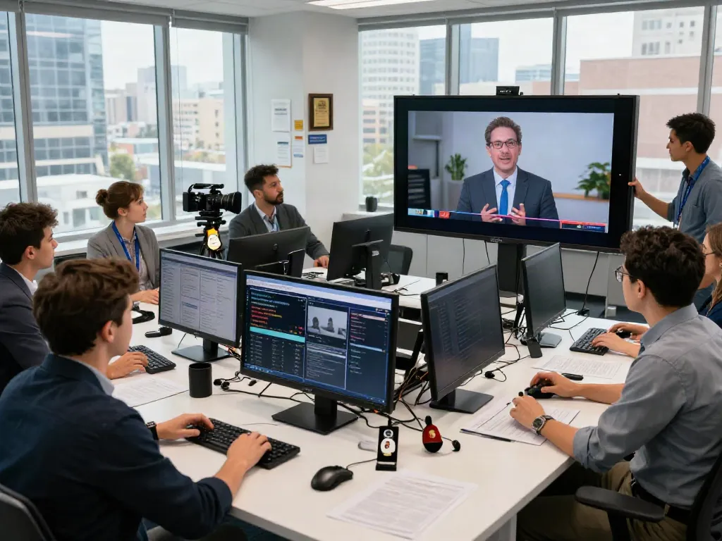 Engaging newsroom scene showcasing diverse journalists collaborating at elligilgal.com, highlighting contemporary news reporting.