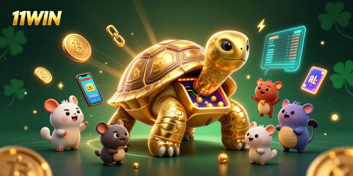 Play exciting casino games at 11WIN, featuring a lively scene with a golden tortoise and vibrant crypto elements.
