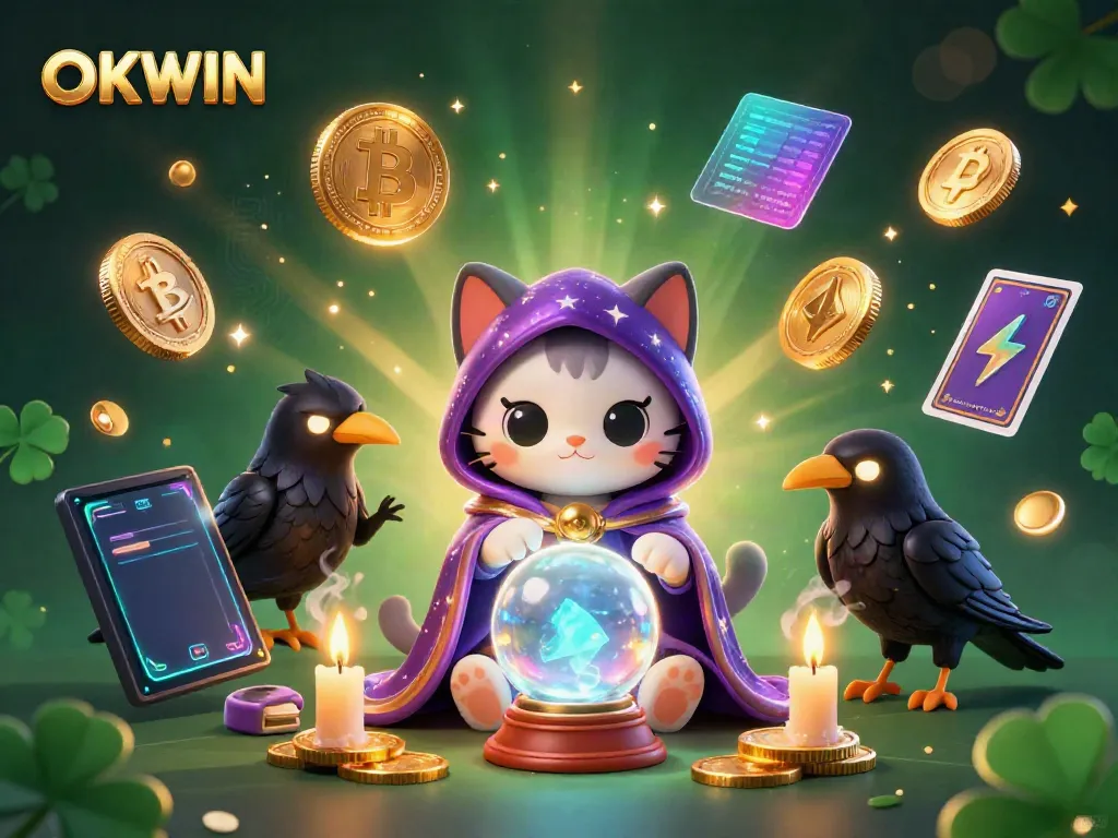 Enhance your betting experience at OKWIN with this vibrant 3D casino illustration featuring mystical elements and crypto symbols.