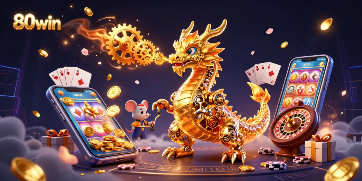 Spin to win with 80win as golden coins and slot games come alive in this vibrant scene.