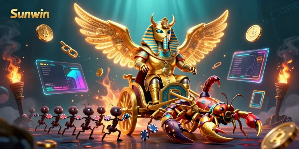 Experience the thrilling world of gambling at Sunwin with vibrant characters, crypto elements, and rich casino visuals.