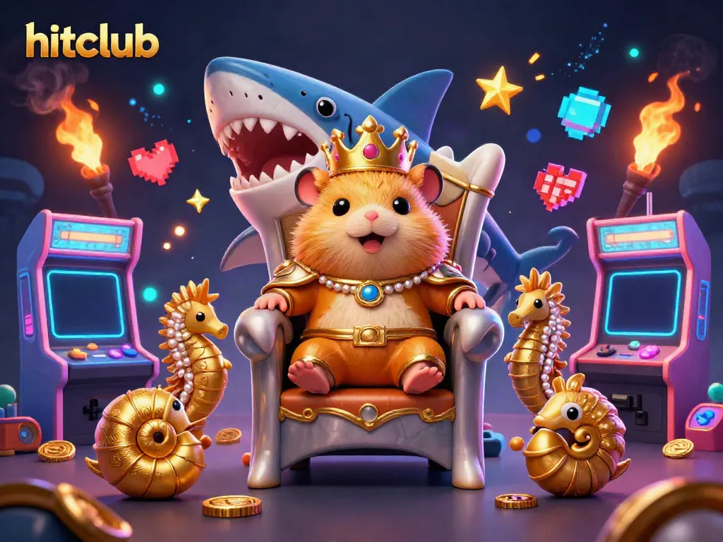 Experience the vibrant world of hitclub with a glowing hamster king and royal guards amidst dynamic gaming elements.