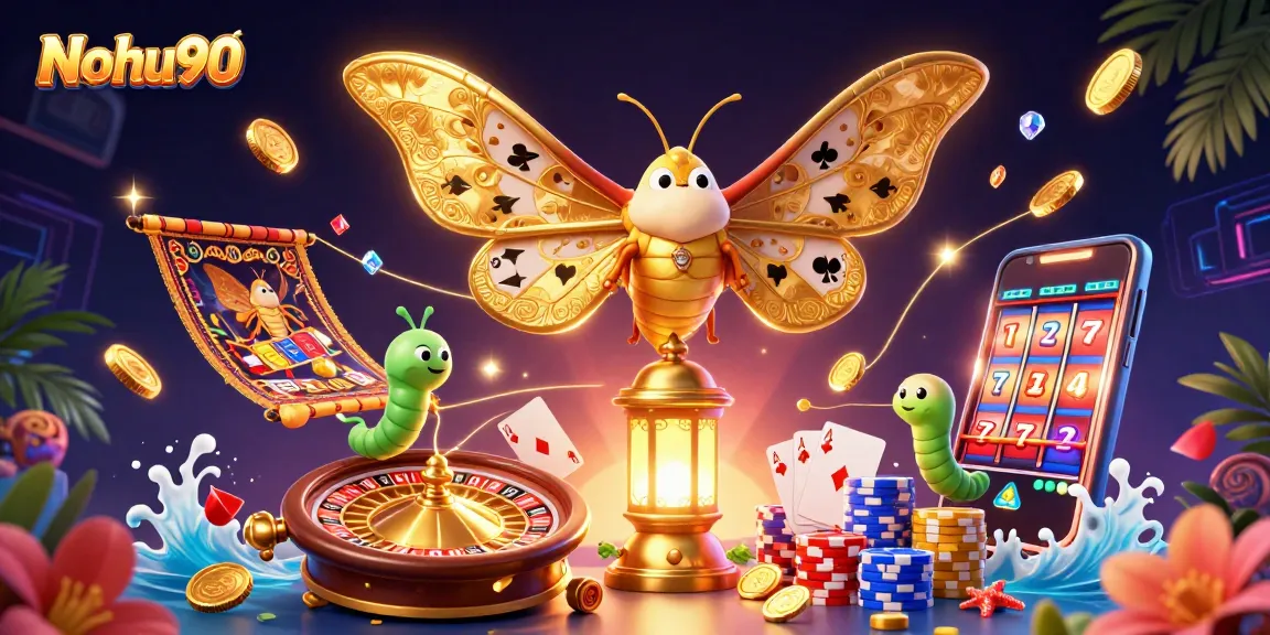 Nohu90 offers thrilling casino experiences with a vibrant moth guarding golden treasures and jackpot delights.