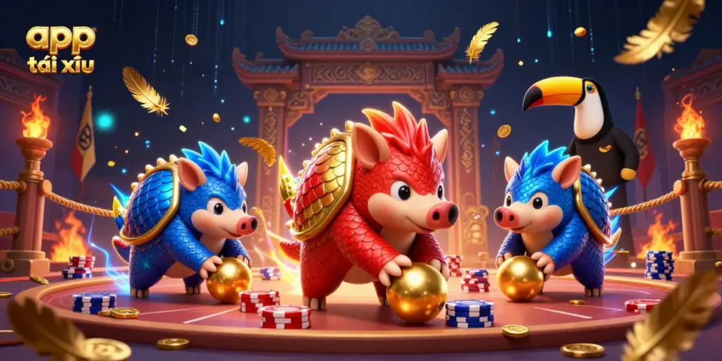 Engage in exciting app tài xỉu gameplay with vibrant 3D pangolins and dynamic casino elements.
