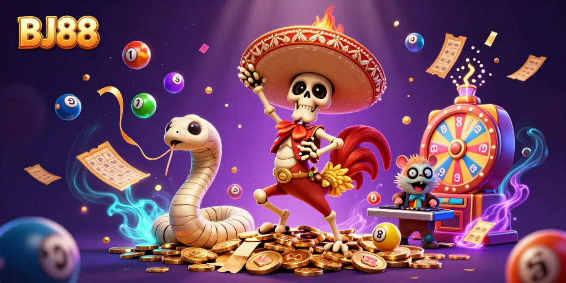Experience thrilling gameplay with BJ88 as the mariachi rooster and friends celebrate winning with vibrant lottery elements!