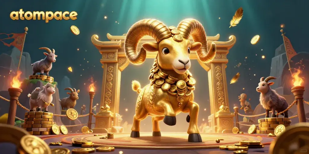 Experience the thrill of atompace with a vibrant illustration featuring a golden ram charging through a dynamic casino arena.