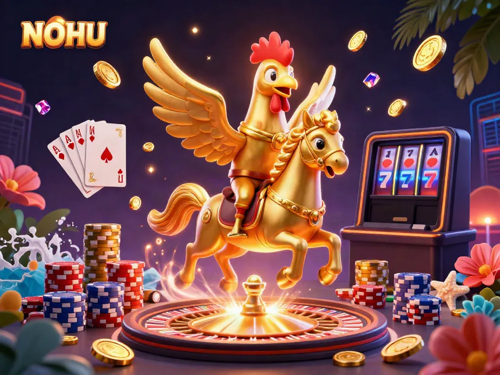 Spin the reels with NOHU in a vibrant midnight casino featuring golden rooster characters and casino excitement.