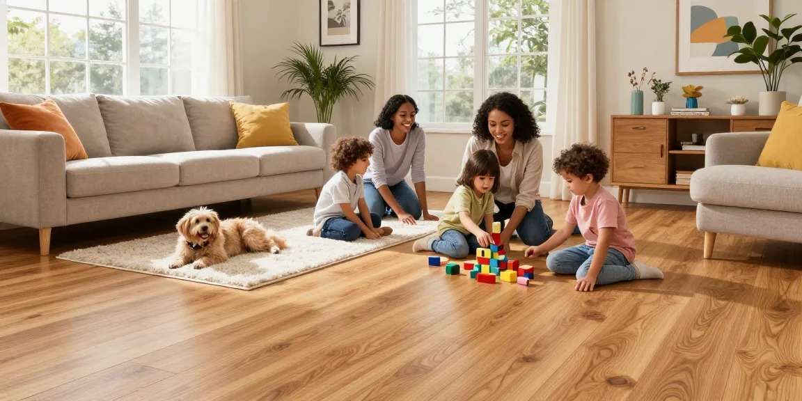 Durable flooring for family homes showcased in a lively living room where children play, highlighting a warm, inviting atmosphere.
