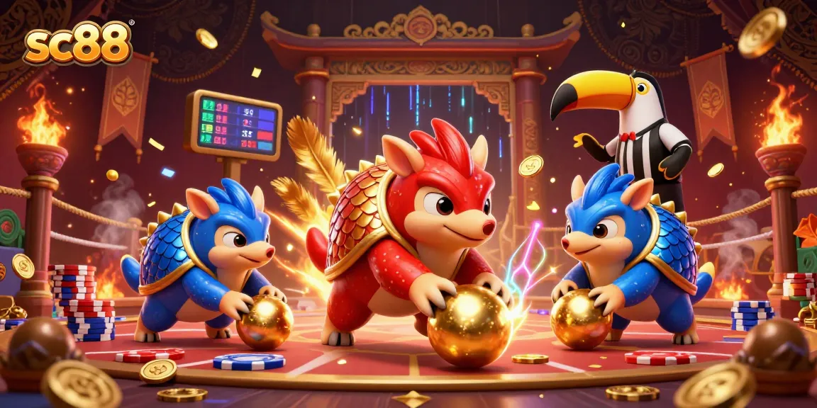sc88 pangolins compete in an online casino, rolling golden balls and bowling chips