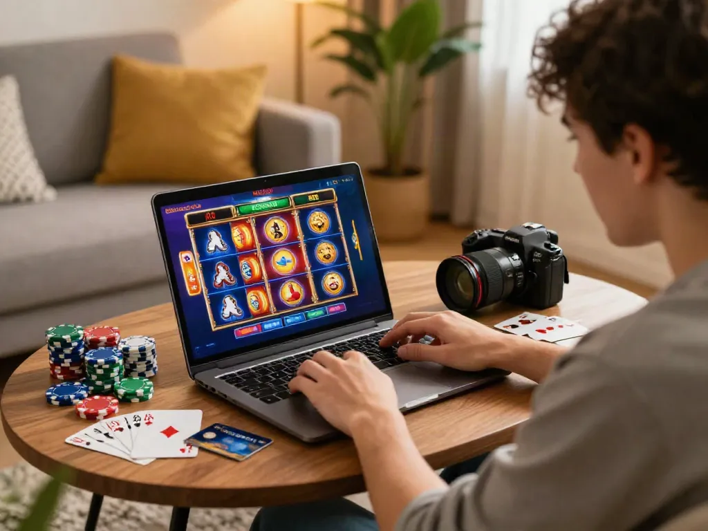 Player engaged with slots that accept credit cards on a laptop in a stylish living room.