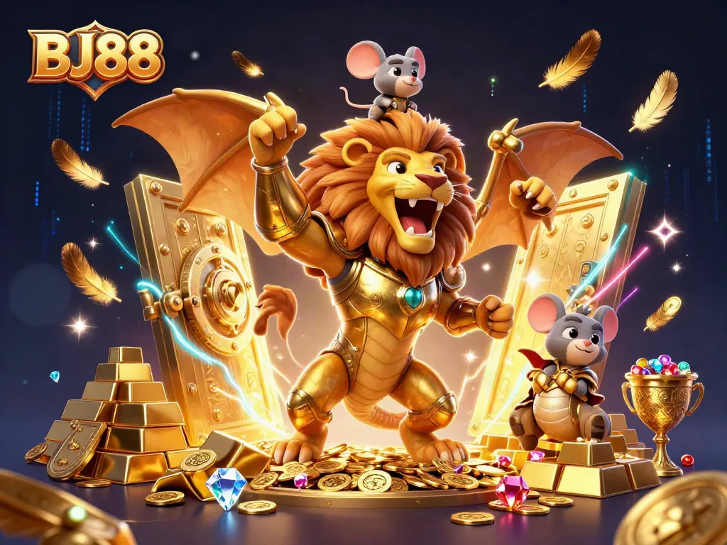 BJ88 unleashes winning strategies with a roaring 3D chimera in golden armor amidst treasures.