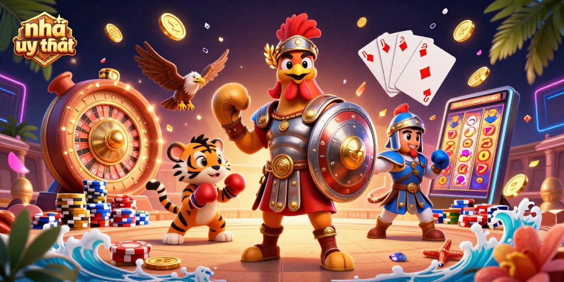 Engage with nhà cái uy tín showcasing a cartoon gladiator rooster in a vibrant casino scene.