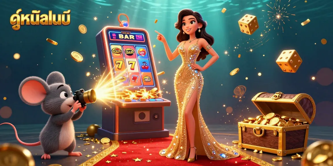Experience ดูหนังออนไลน์ with animated casino elements, including vibrant slot machines and gold coins.