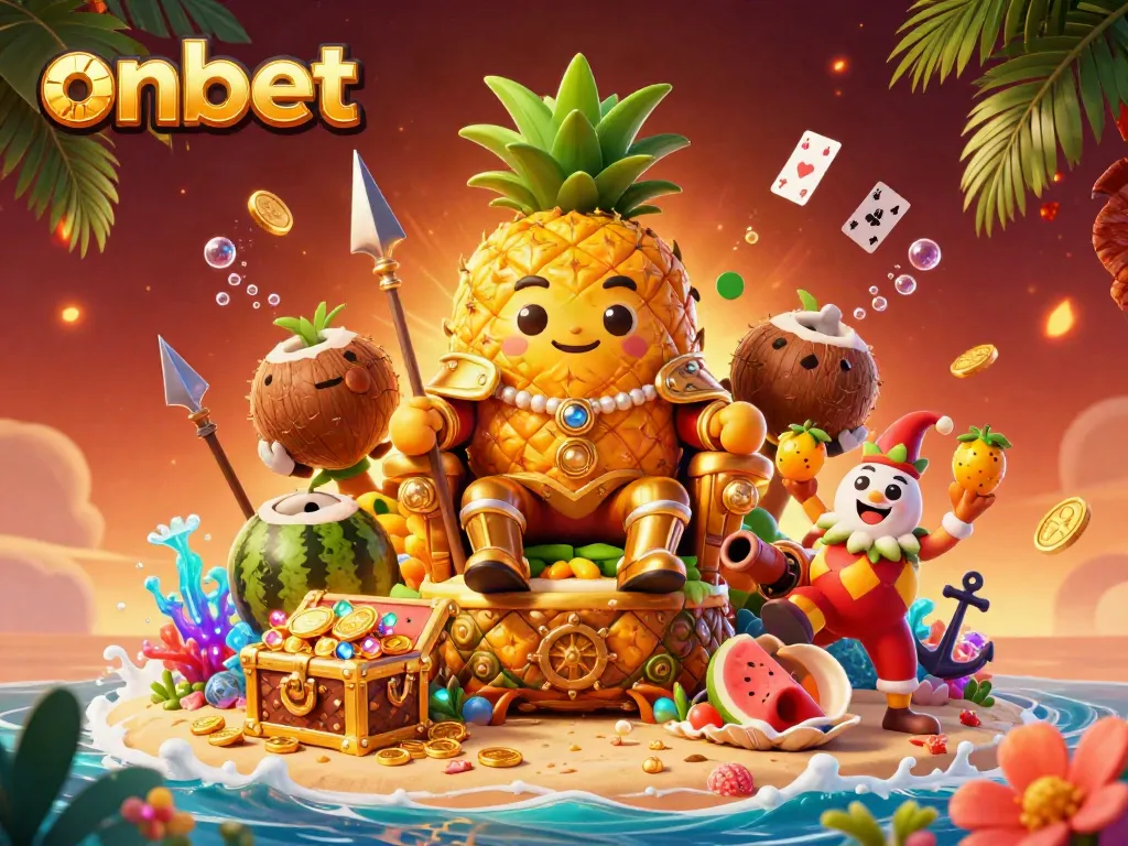 Experience the vibrant onbet casino world with the golden pineapple king and friends amidst treasures.