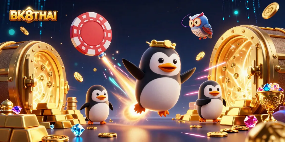 Experience the excitement of BK8THAI with a golden penguin racing towards a giant poker chip casino in space.