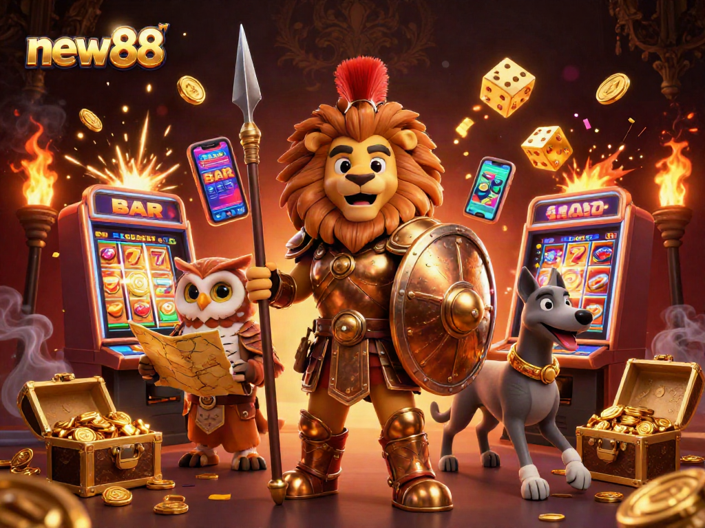 The new88 platform showcases thrilling gaming experiences with vibrant casino elements and characters in action.