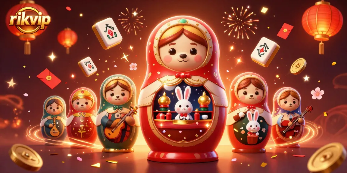 Play and win at rikvip with vibrant casino-themed illustration featuring bears and festive elements.