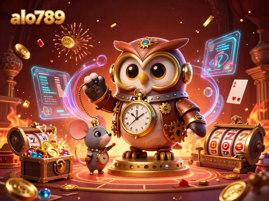 Engage with alo789 for immersive gaming adventures at this vibrant casino illustration featuring a steampunk owl.